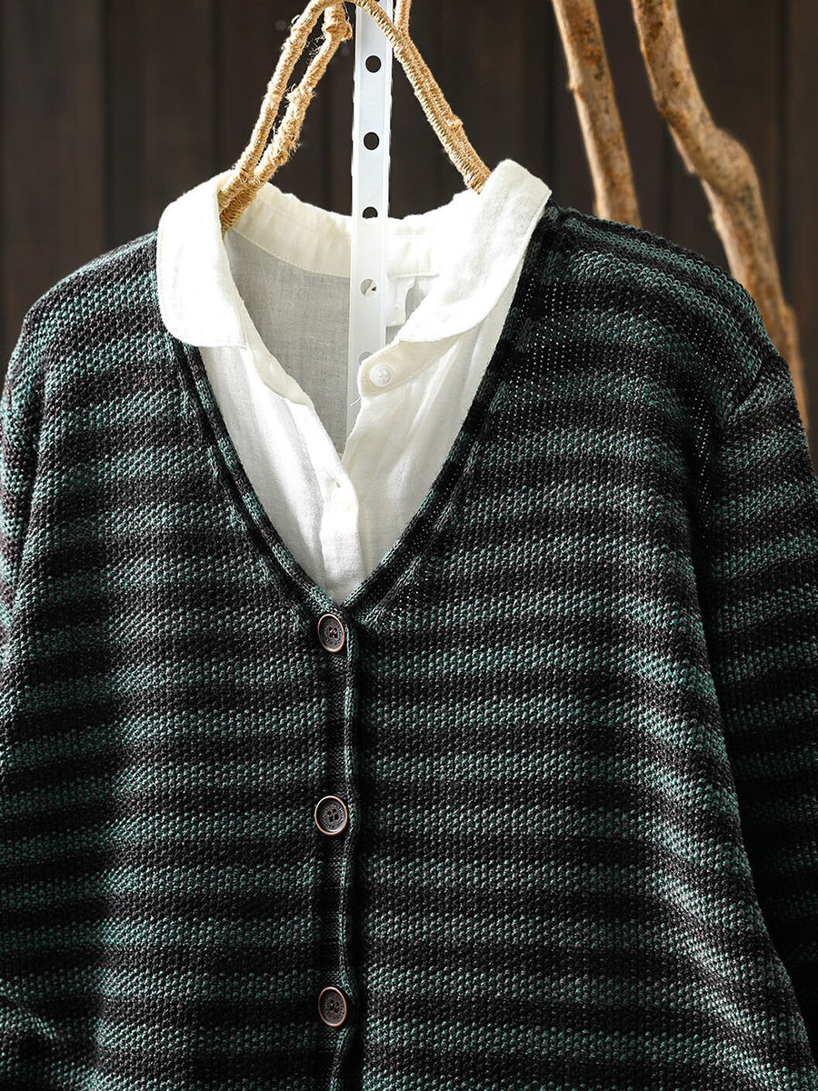 Women Autumn Artistic Striped Long Sleeve V-Neck Knitted Cardigan