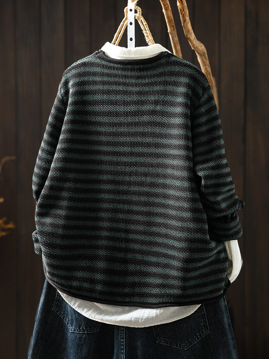 Women Autumn Artistic Striped Long Sleeve V-Neck Knitted Cardigan