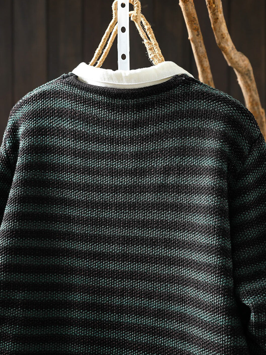 Women Autumn Artistic Striped Long Sleeve V-Neck Knitted Cardigan