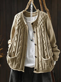 Women Vintage Crew Neck Warm Cable Knit Cardigan