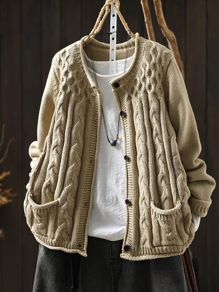 Women Vintage Crew Neck Warm Cable Knit Cardigan