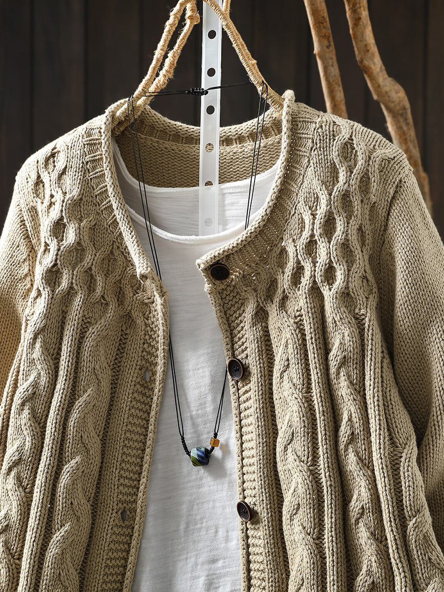 Women Vintage Crew Neck Warm Cable Knit Cardigan
