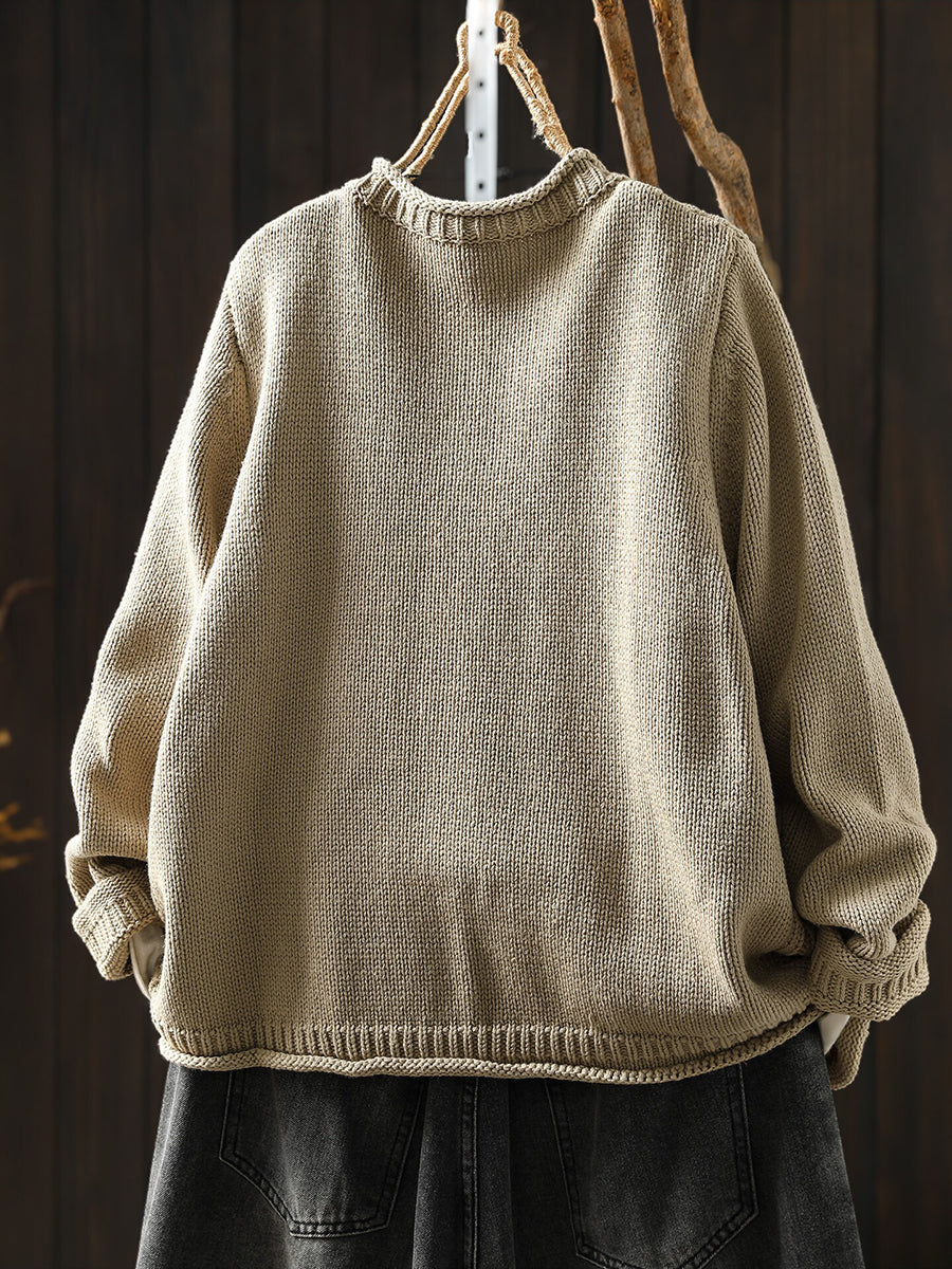 Women Vintage Crew Neck Warm Cable Knit Cardigan