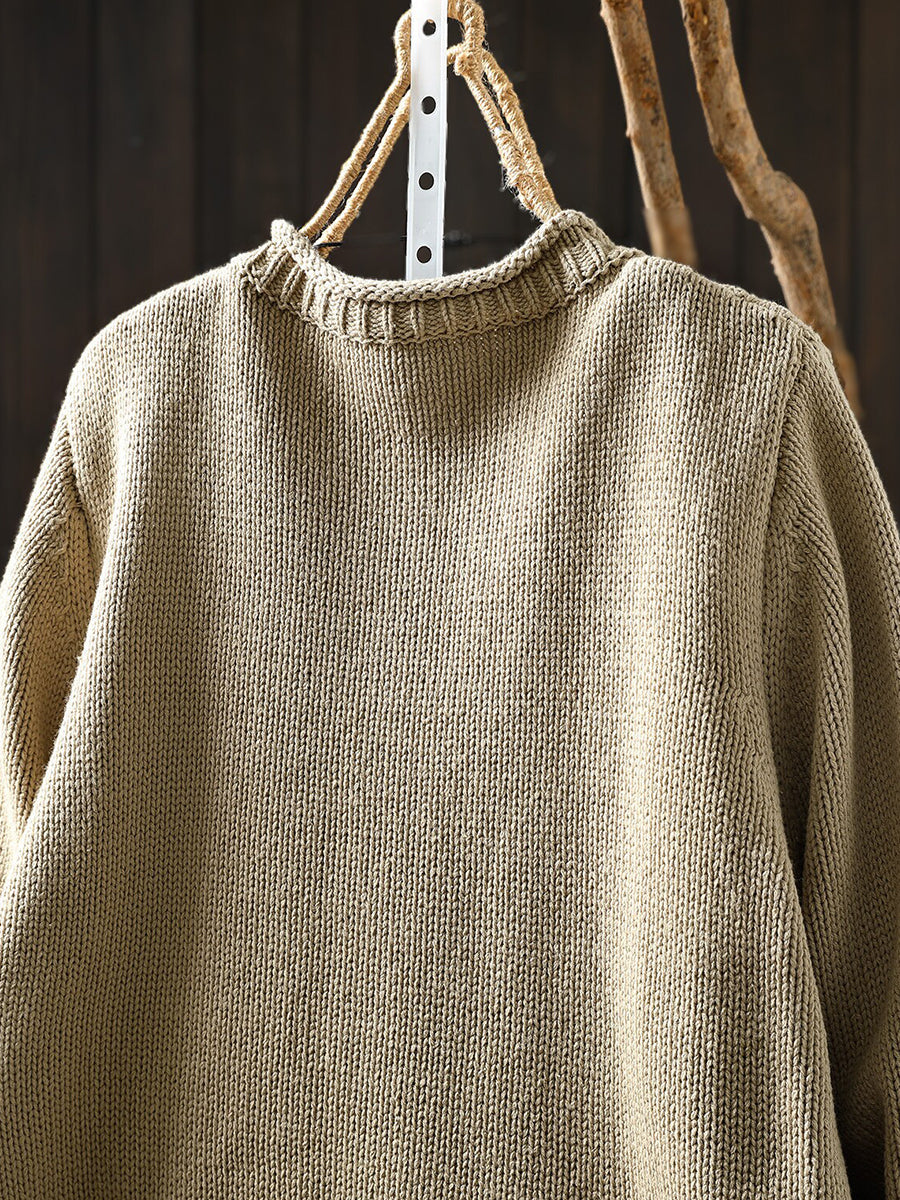 Women Vintage Crew Neck Warm Cable Knit Cardigan