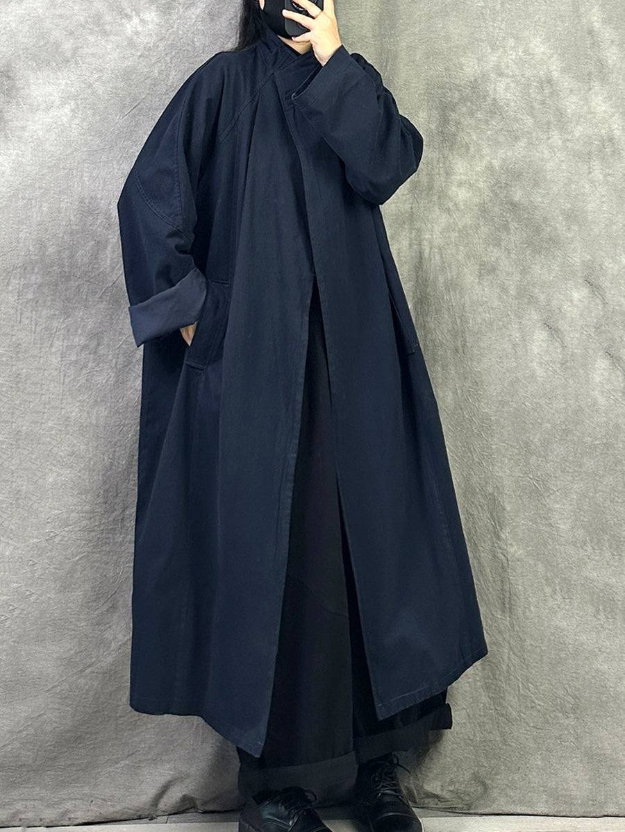 Women Minimalist Stand Up Collar Long Trench Coat
