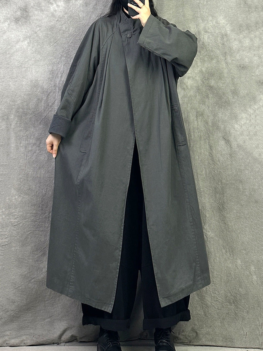 Women Minimalist Stand Up Collar Long Trench Coat