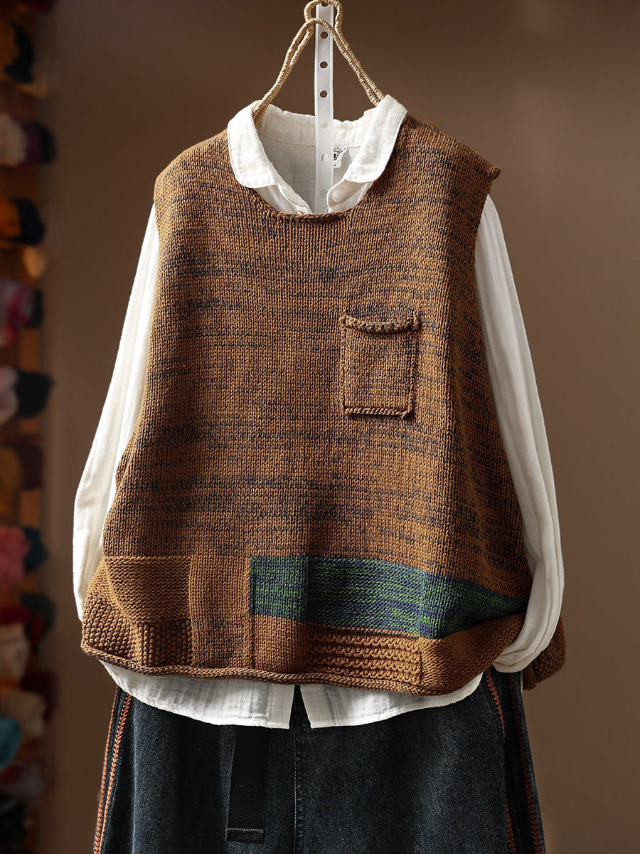 Women Fall Color-Block Artsy Crew Cotton Knit Vest