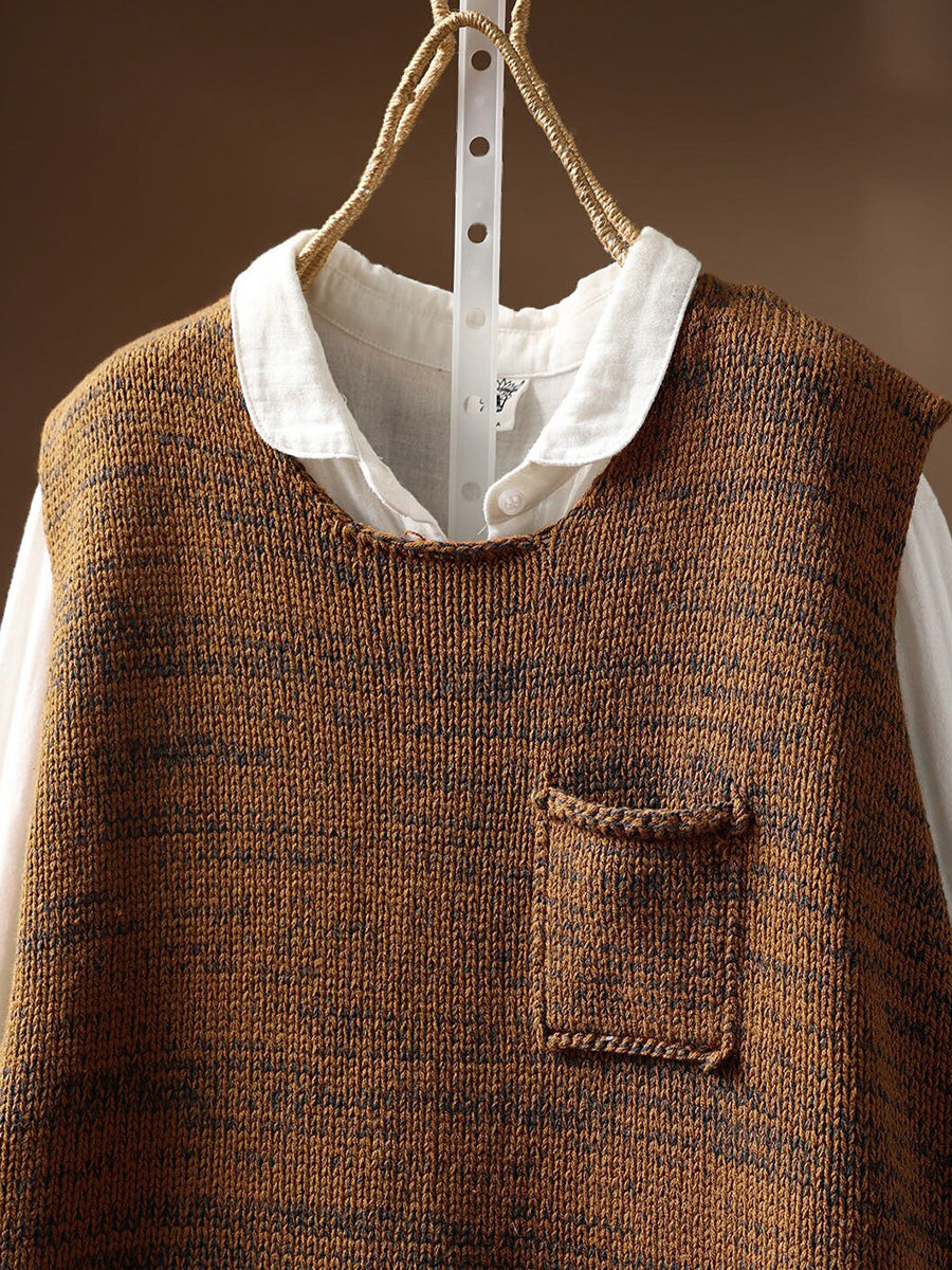 Women Fall Color-Block Artsy Crew Cotton Knit Vest