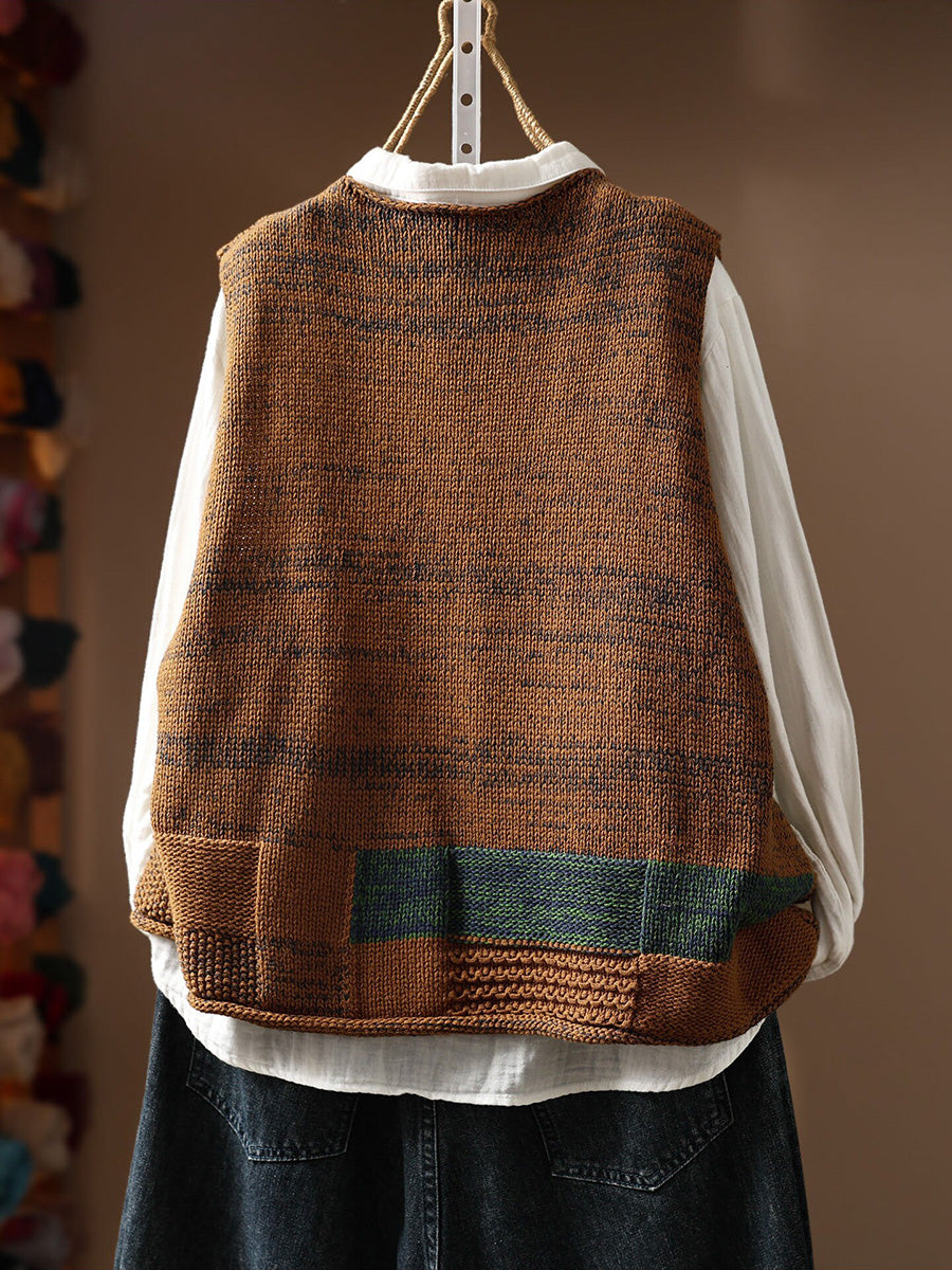 Women Fall Color-Block Artsy Crew Cotton Knit Vest