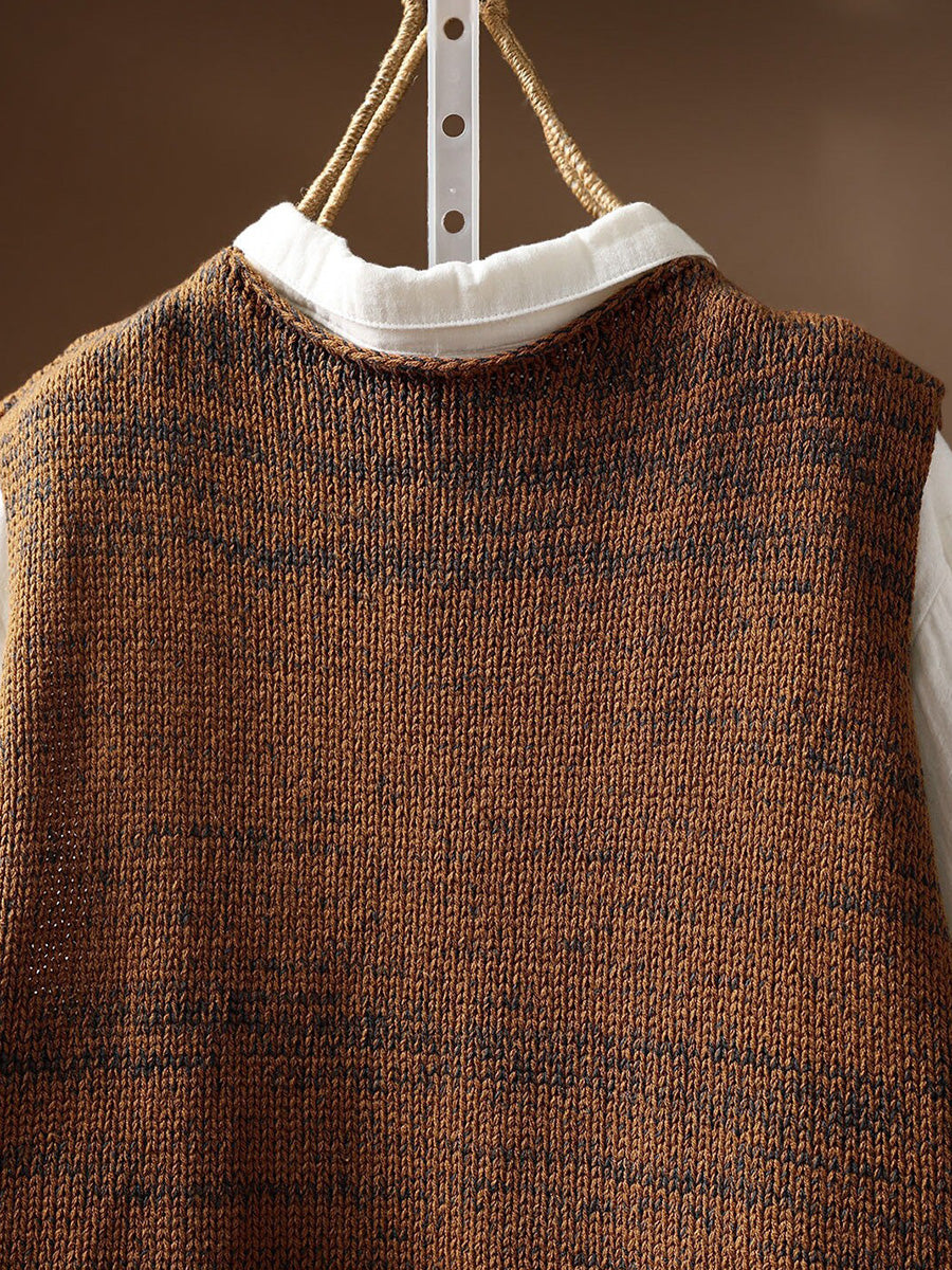 Women Fall Color-Block Artsy Crew Cotton Knit Vest