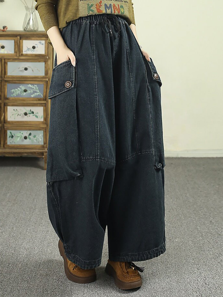 Women Vintage Distressed Drawstring Loose Cargo Jeans