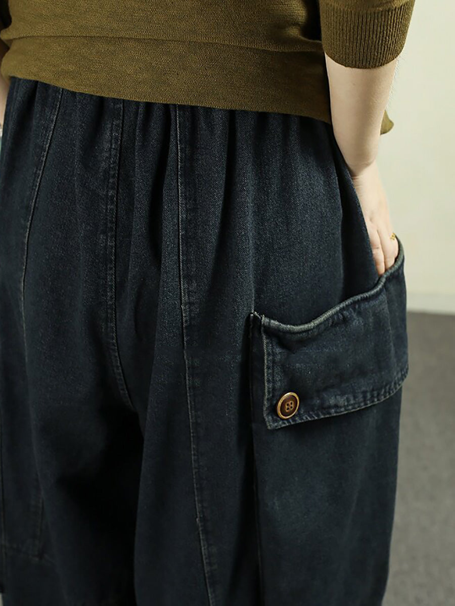 Women Vintage Distressed Drawstring Loose Cargo Jeans