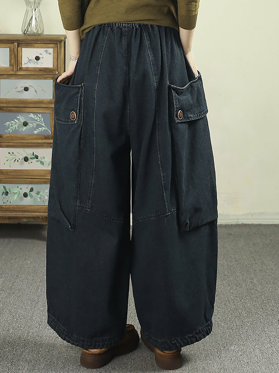 Women Vintage Distressed Drawstring Loose Cargo Jeans