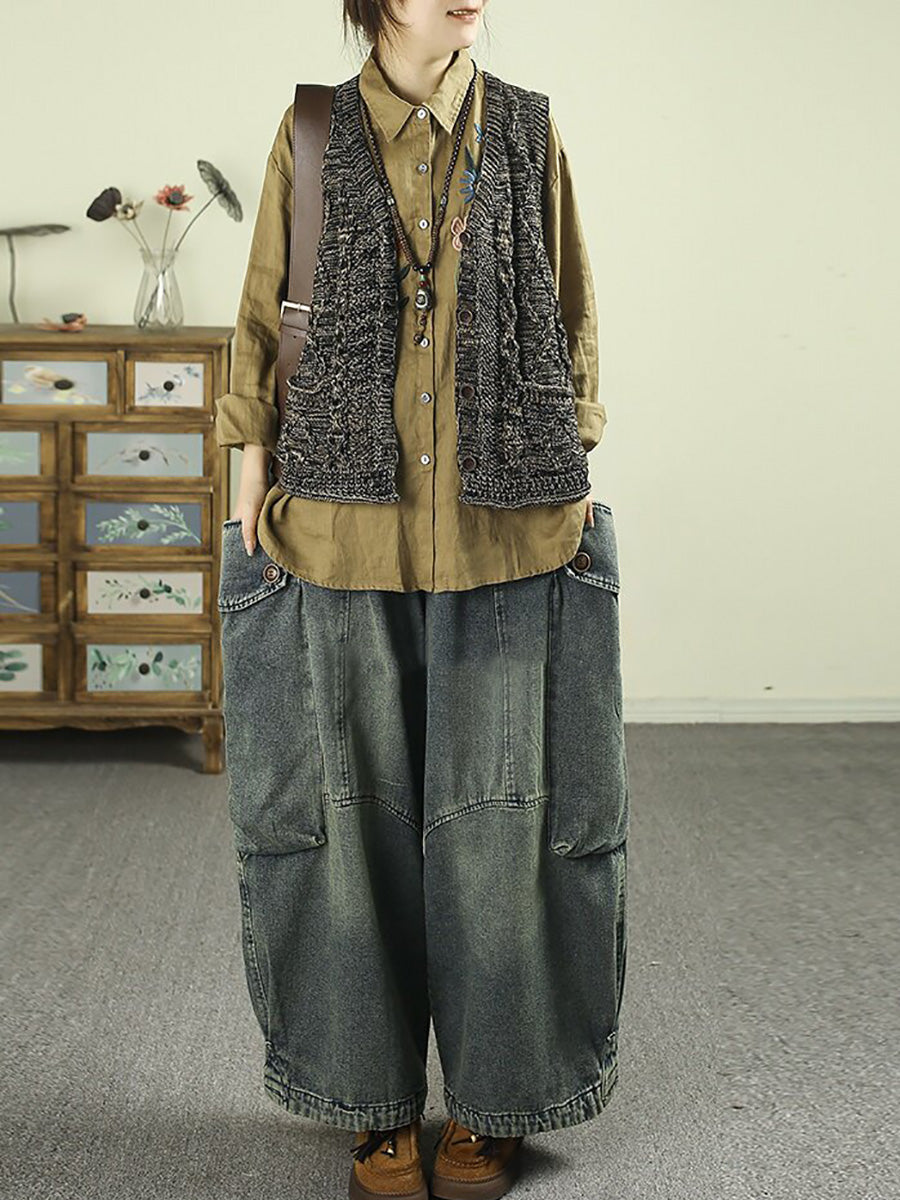 Women Vintage Distressed Drawstring Loose Cargo Jeans