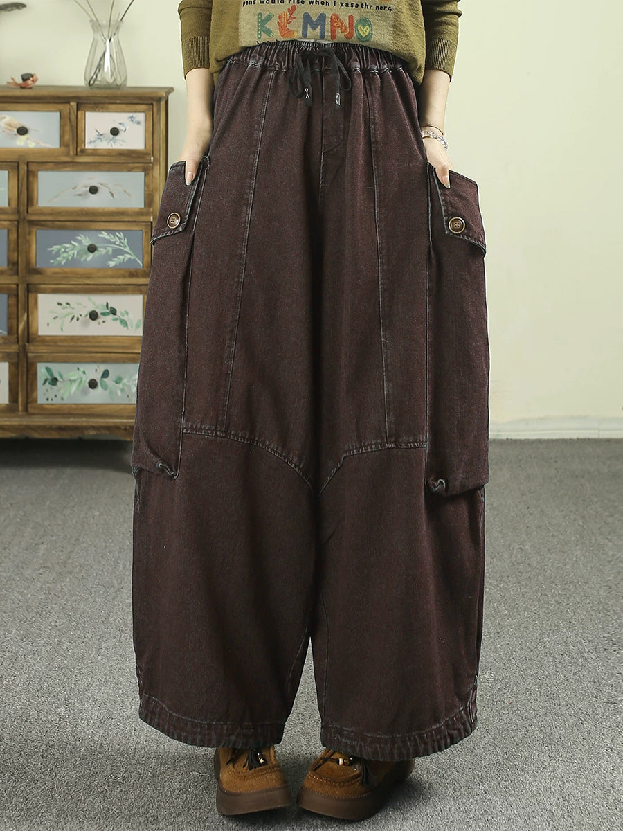 Women Vintage Distressed Drawstring Loose Cargo Jeans