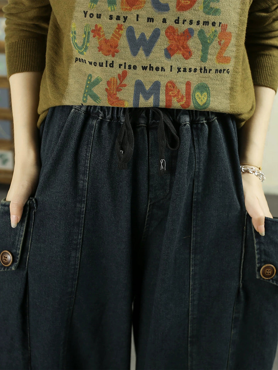 Women Vintage Distressed Drawstring Loose Cargo Jeans