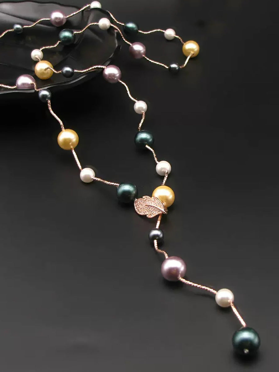 Women Minimalist Colorful Pearl Leaf Pendant Long Necklace