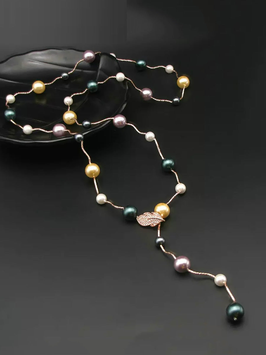 Women Minimalist Colorful Pearl Leaf Pendant Long Necklace