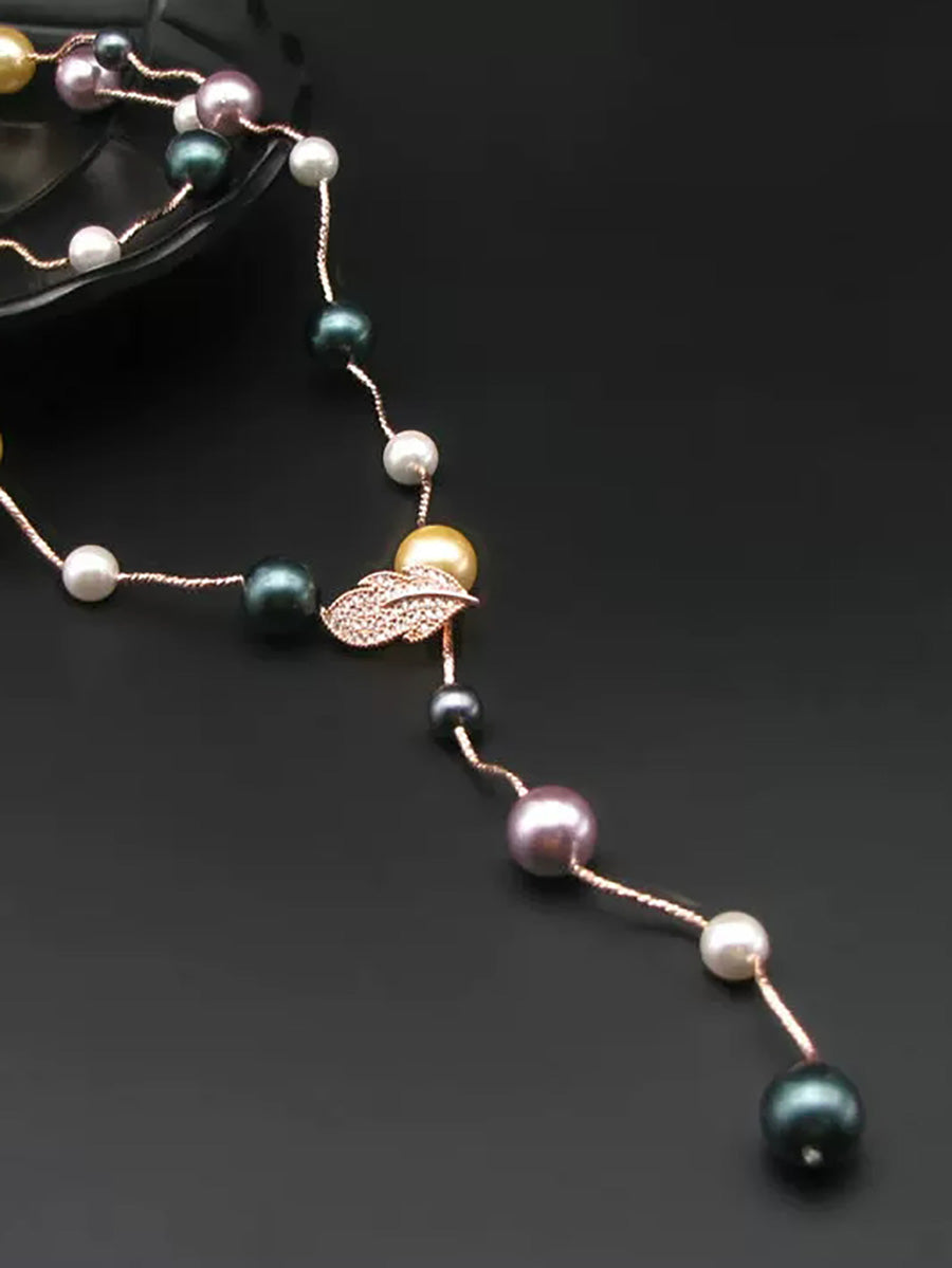 Women Minimalist Colorful Pearl Leaf Pendant Long Necklace