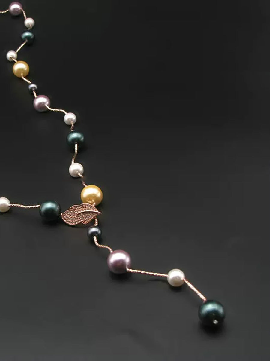 Women Minimalist Colorful Pearl Leaf Pendant Long Necklace