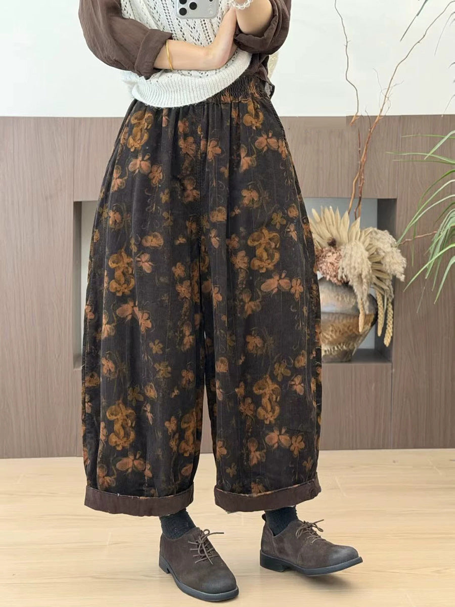 Women Autumn Literary Printed Straight Loose Corduroy Pants
