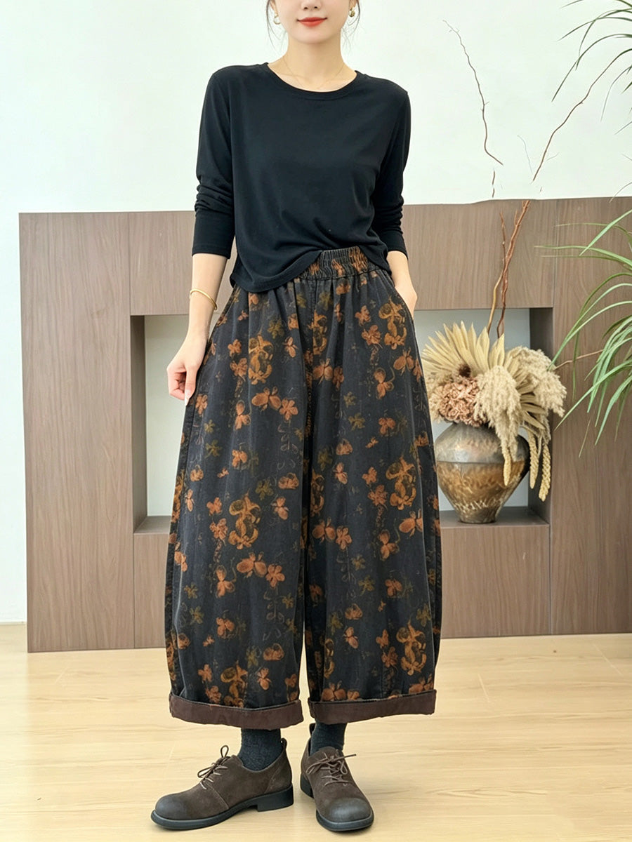 Women Autumn Literary Printed Straight Loose Corduroy Pants