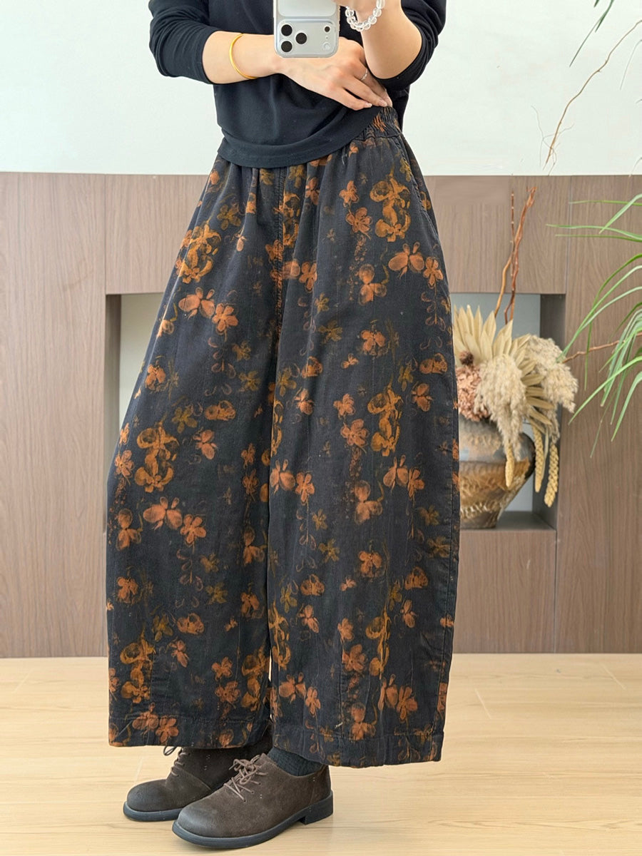 Women Autumn Literary Printed Straight Loose Corduroy Pants