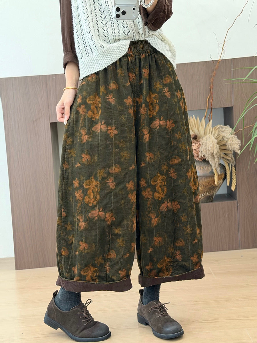 Women Autumn Literary Printed Straight Loose Corduroy Pants