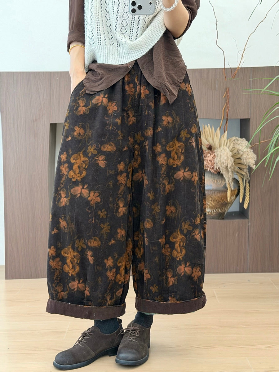 Women Autumn Literary Printed Straight Loose Corduroy Pants