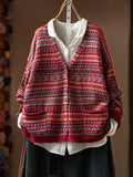 Women Fall Literary Vintage V-Neck Loose Versatile Knit Cardigan
