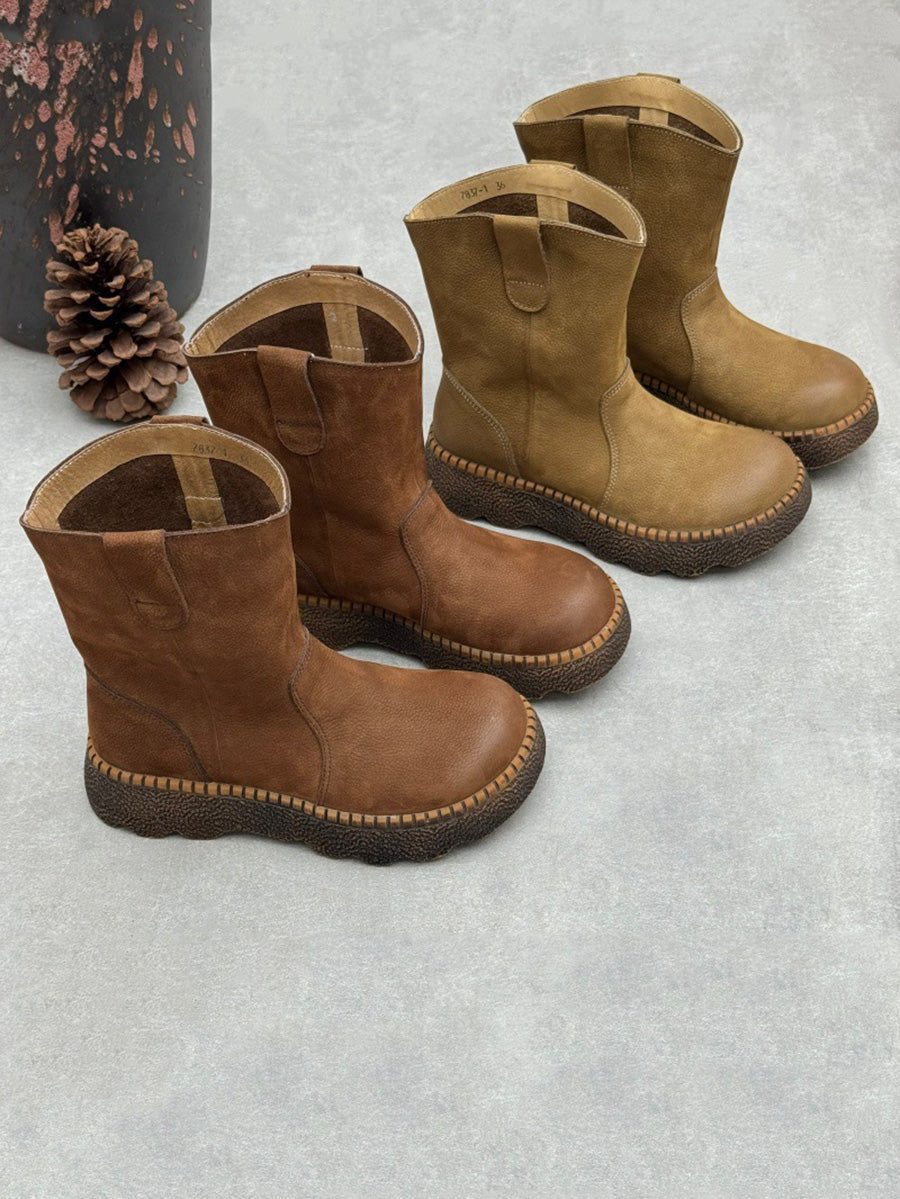 Women's Fall Round-Toe Chunky Slip-On Genuine Leather Mid-Calf Boots