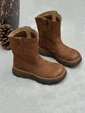 Women's Fall Round-Toe Chunky Slip-On Genuine Leather Mid-Calf Boots