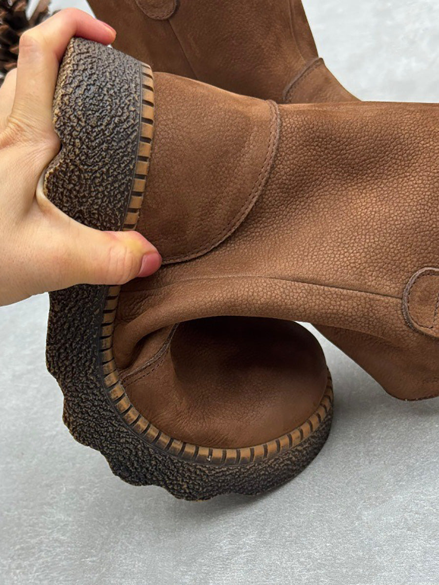Women's Fall Round-Toe Chunky Slip-On Genuine Leather Mid-Calf Boots