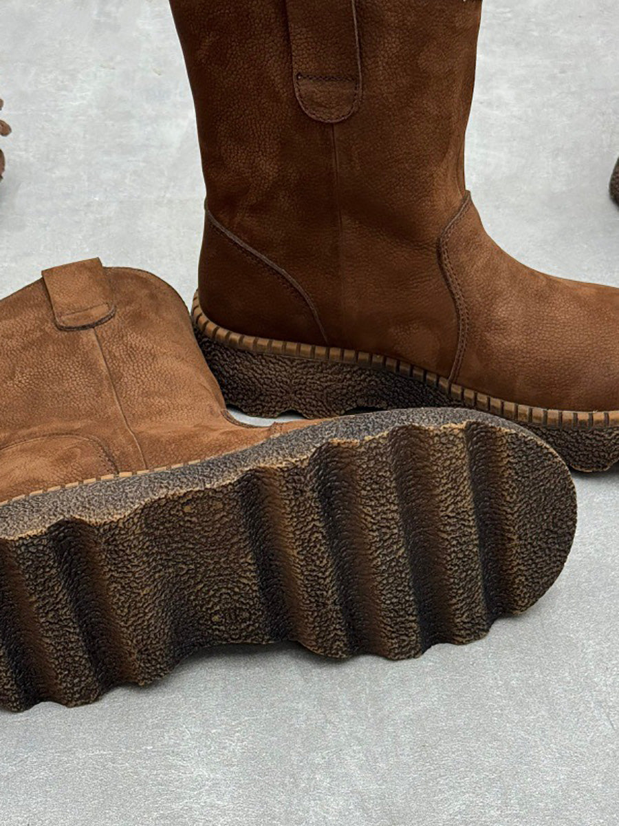 Women's Fall Round-Toe Chunky Slip-On Genuine Leather Mid-Calf Boots