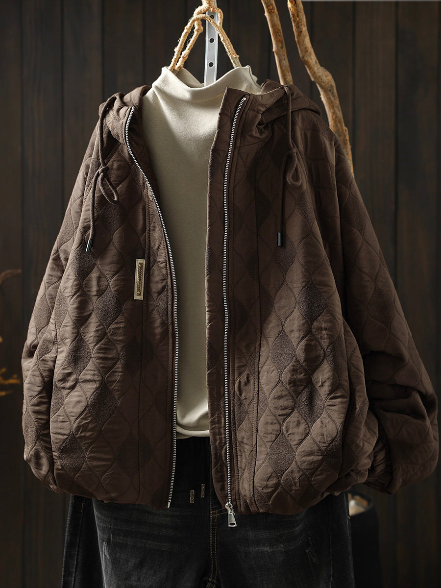Women Minimalist Quilted Drawstring Hooded Jacket