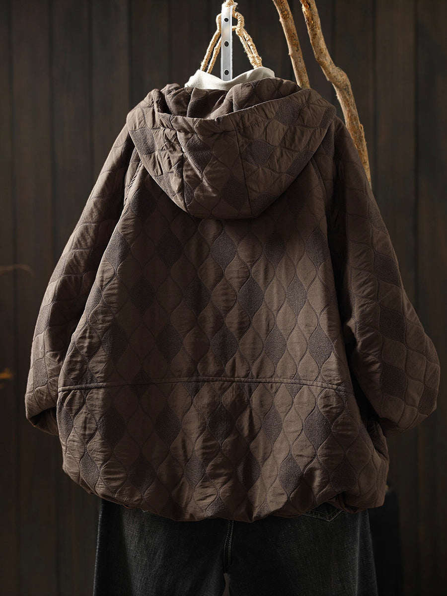 Women Minimalist Quilted Drawstring Hooded Jacket