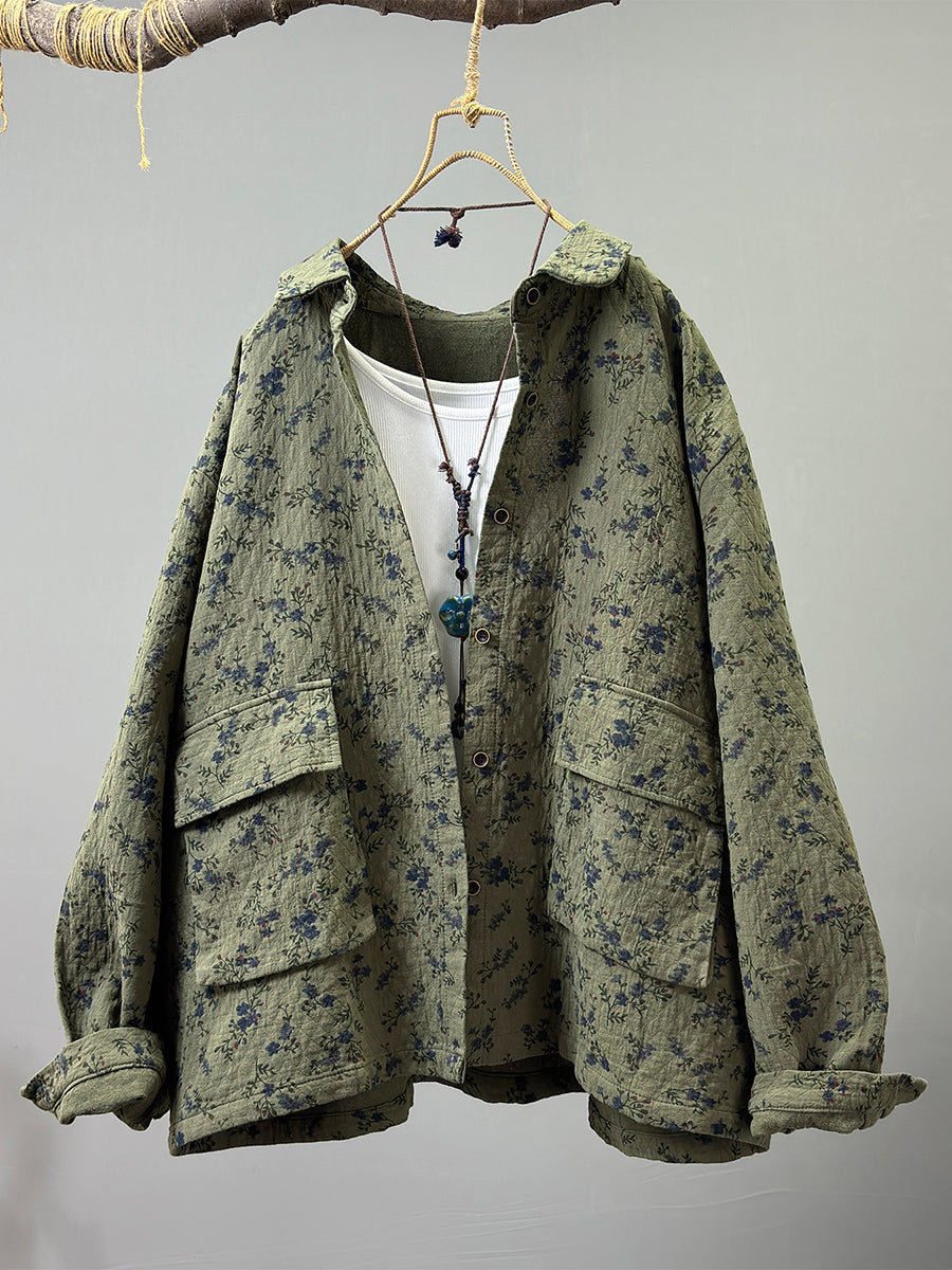 Women Fall Literary Cotton Gauze Floral Lapel Casual Shirt Jacket