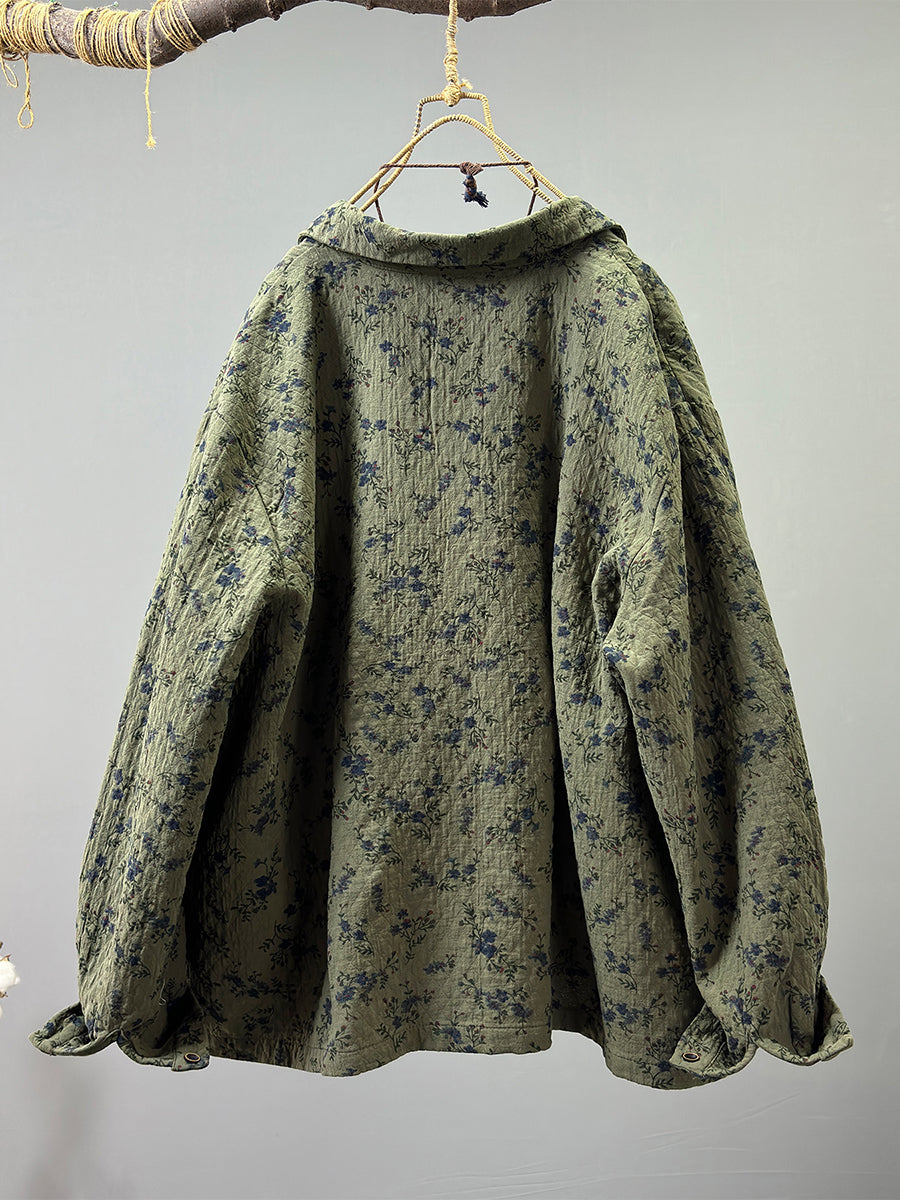 Women Fall Literary Cotton Gauze Floral Lapel Casual Shirt Jacket