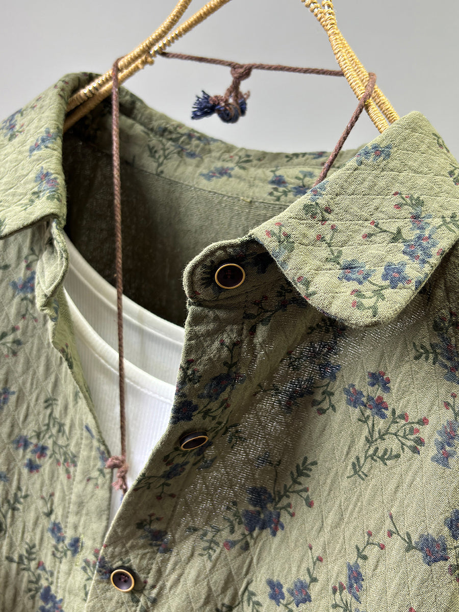 Women Fall Literary Cotton Gauze Floral Lapel Casual Shirt Jacket