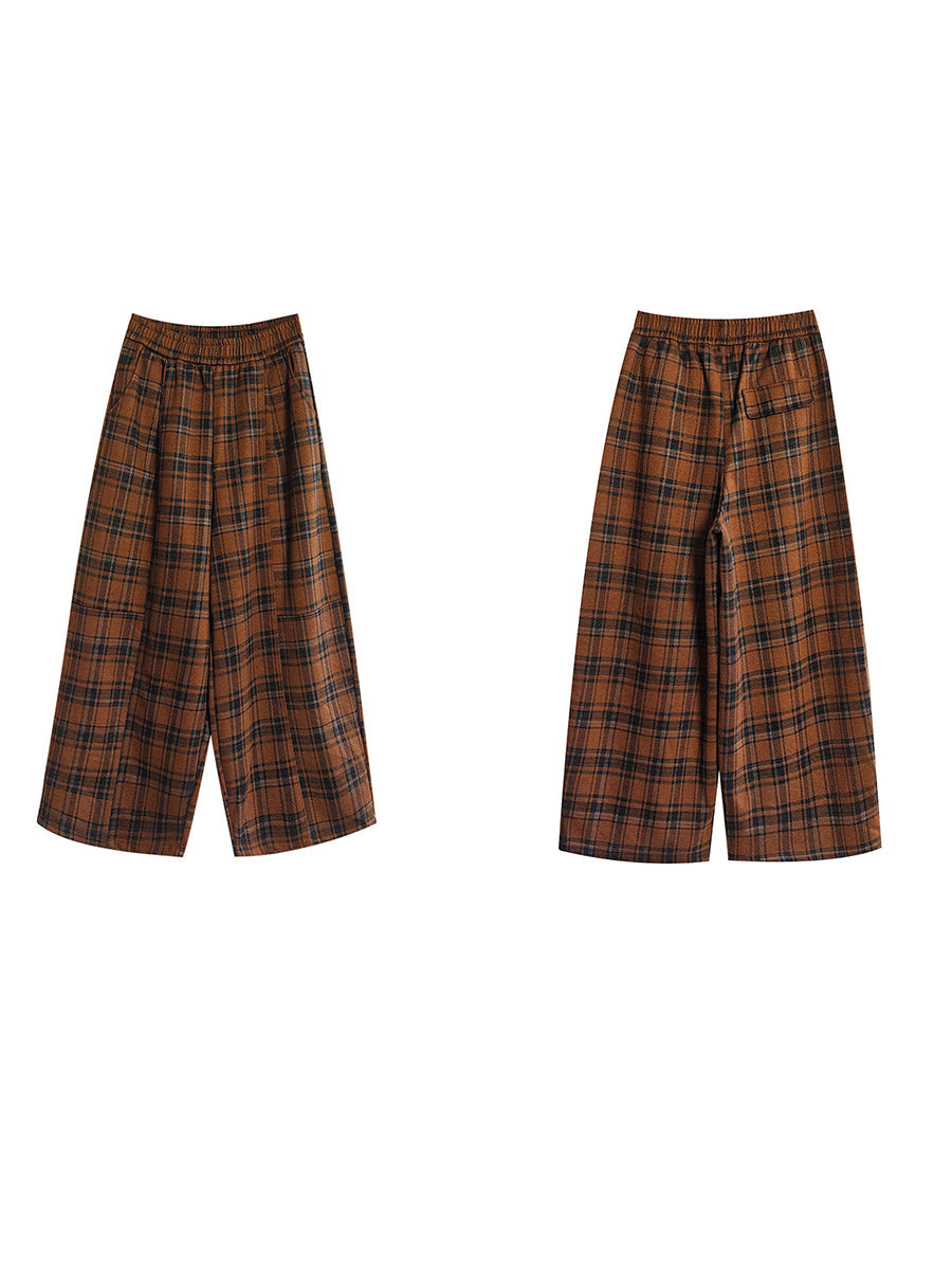 Women Vintage Yarn-Dyed Plaid Brushed Color Block Casual Wide-Leg Pants