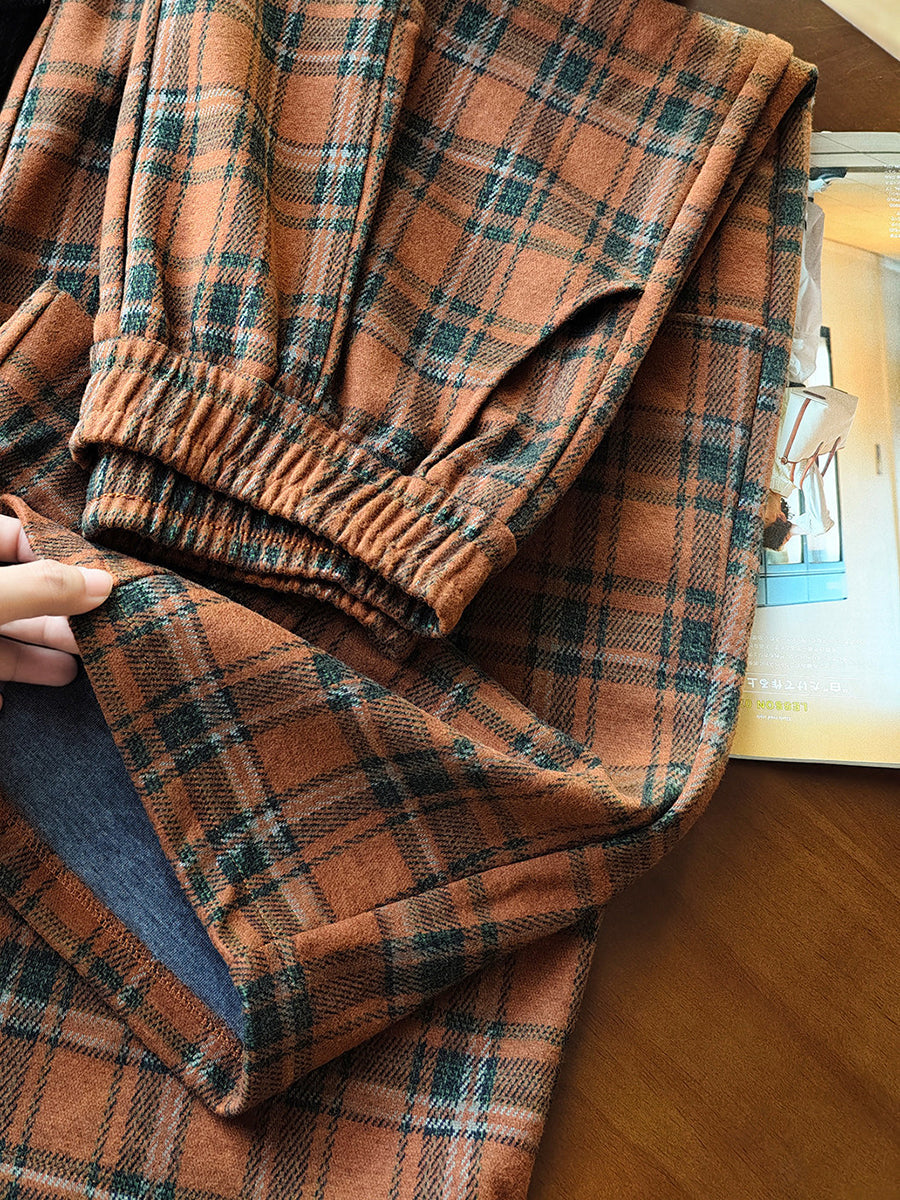 Women Vintage Yarn-Dyed Plaid Brushed Color Block Casual Wide-Leg Pants