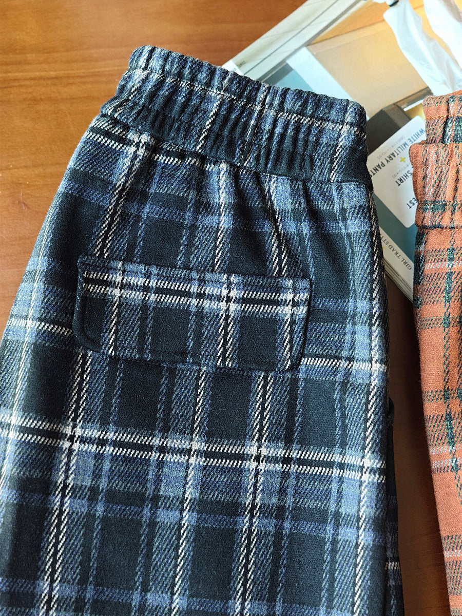 Women Vintage Yarn-Dyed Plaid Brushed Color Block Casual Wide-Leg Pants
