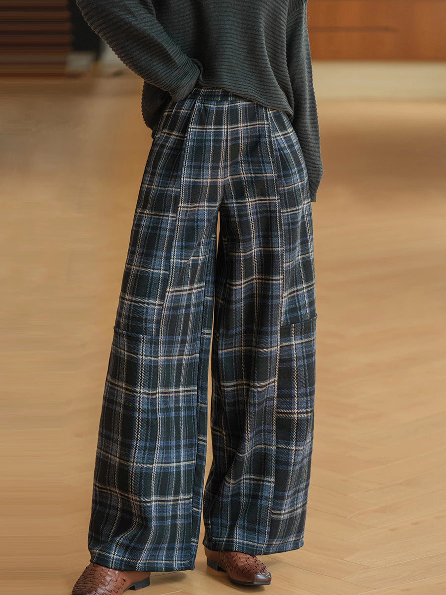 Women Vintage Yarn-Dyed Plaid Brushed Color Block Casual Wide-Leg Pants