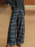 Women Vintage Yarn-Dyed Plaid Brushed Color Block Casual Wide-Leg Pants