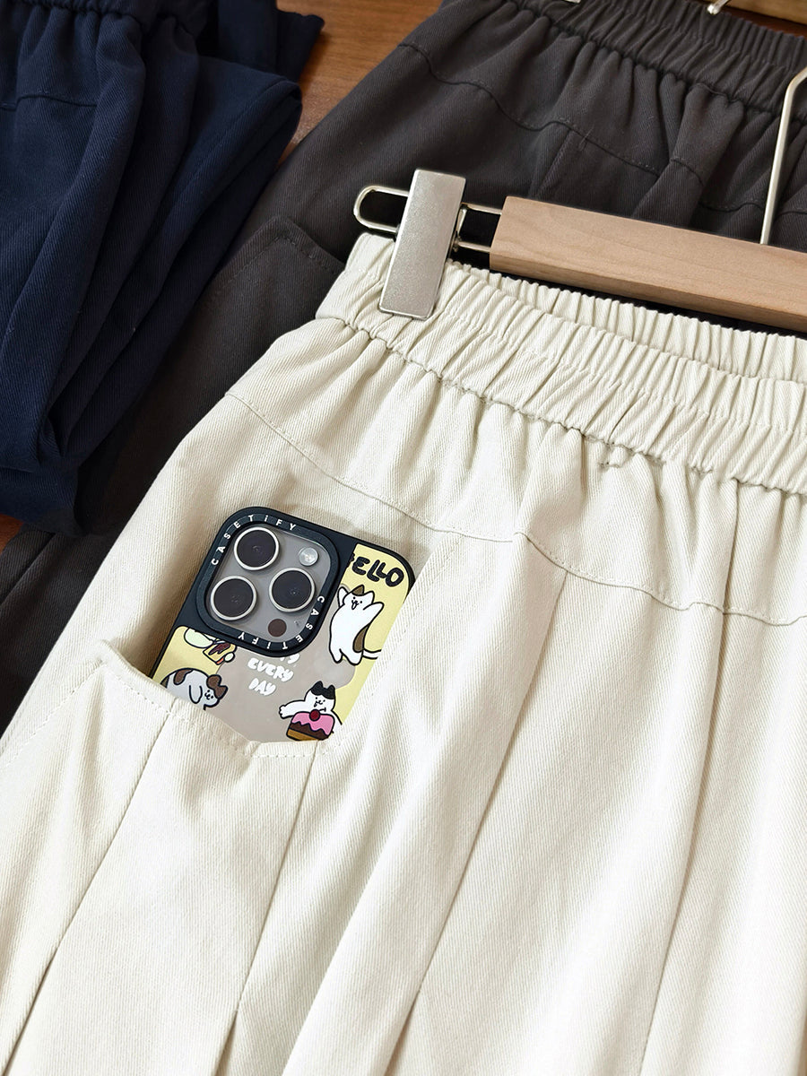 Plus Size Women Literary Solid Pleated Loose Versatile Wide-Leg Pants