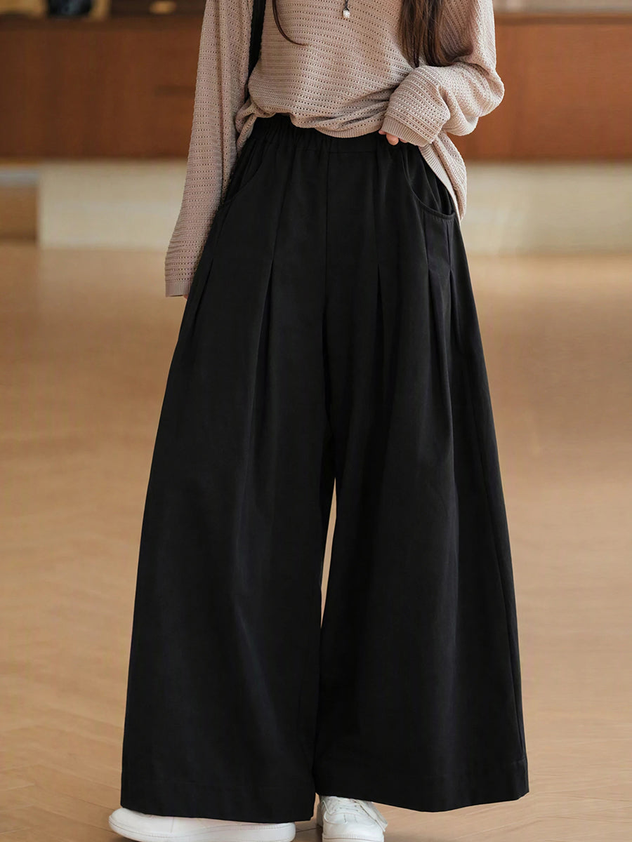 Plus Size Women Literary Solid Pleated Loose Versatile Wide-Leg Pants
