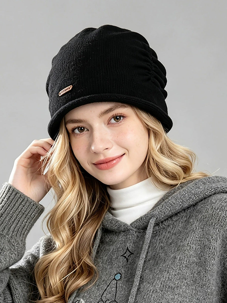 Women Wool Blend Slouchy Beanie – Fall Pleated Rolled Edge Versatile Warm Hat