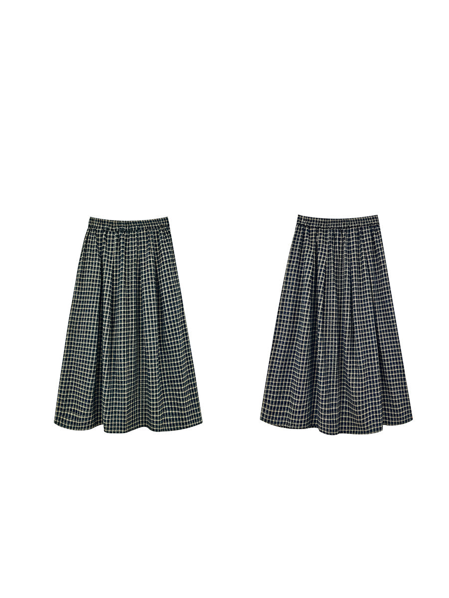Women Literary 100% Cotton Yarn-Dyed Plaid Elastic A-Line Skirt