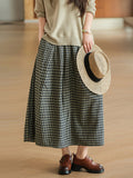 Women Literary 100% Cotton Yarn-Dyed Plaid Elastic A-Line Skirt