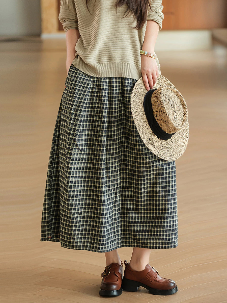 Women Literary 100% Cotton Yarn-Dyed Plaid Elastic A-Line Skirt